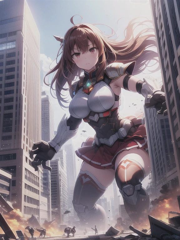 masterpiece,best quality,highly detailed,1girl and monsters,building,battle,city,monster,destruction,serious,v-shaped eyebrows,concentrating,demon,debris,
looking at another,debris,dinosaur, aaasuna,long hair,brown hair,braid,brown eyes,bare shoulders,armor,breastplate,white sleeves,detached sleeves,red skirt,pleated skirt,white thighhighs,(((size difference))),