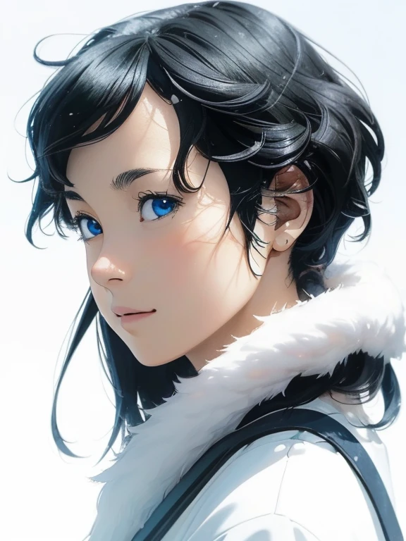 (black hair, anime, Ghibli, anime style, close-up, side view, first-person perspective, 8K, ultra-detailed, masterpiece:1.2), ultra-detailed, high-quality, high-resolution, high detail, white background, detailed face, happiness, curly hair, blue eyes
