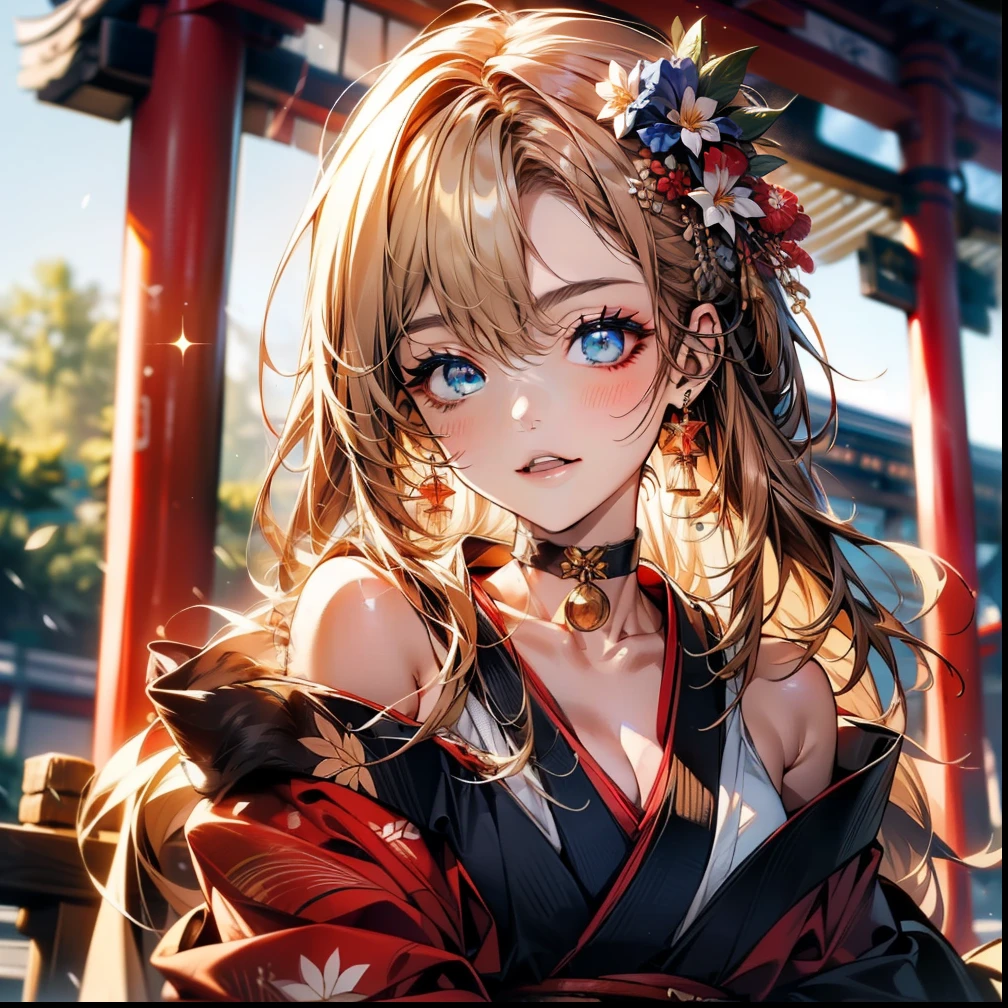 ((Light brown long hair:1.9, wavy hair:1.6, asymmetrical hair:1.8, half up hair)), (shining blue eyes:1.4)beautiful, beautiful woman, perfect anatomy, perfect body, perfect breasts, ((kimono:1.8, choker:1.6)), ((Japan gardens in winter:1.98, torii)), captivating gaze, slight smile, realism, masterpiece, rough skin , Super detailed, high detail, high quality, 最high quality, 1080p, 16k