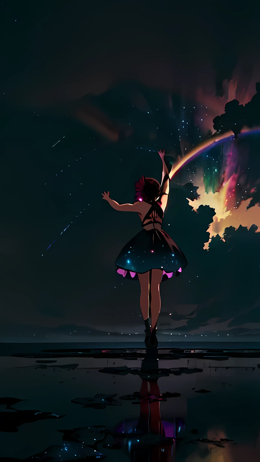 wide々landscape photography , (A view from below showing the sky above and open fields below), ((a Girl standing by water)), ((arms raised in the air:1.3)), ( shooting star:0.9), (nebula:1.3), BREAK production art, (real night:1.1), (night), (back view silhouette:1.4), ((My hair flutters in the wind)), intricate details, volume lighting, Realism BREAK
(masterpiece:1.2), (highest quality), 4k, Super detailed, (dynamic composition:1.4), very detailed, colorful details,( rainbow colors:1.2), (Shining Lights, atmosphere lighting), dream-like, Magic, (alone:1.2)