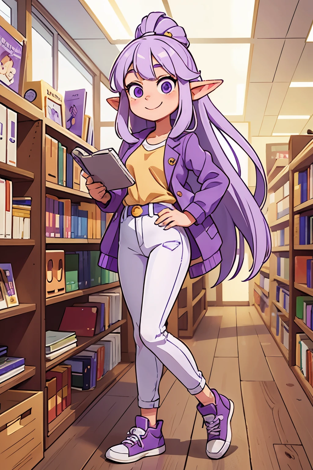 tanding in front of photo, 1 elf girl, full length, white shirt tucked in, purple jacket, white jeans, light purple shoes, purple eyes, long white hair, big smile, kawaii pose, face forward, eyes forward, in a library.
