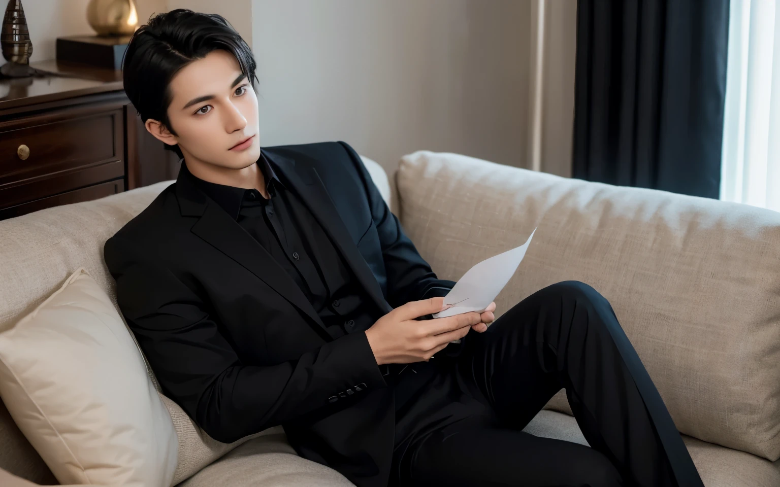 A handsome dark-haired young man, Sitting in a small living room, Wearing a black suit, Looking intently at the envelope in his hand。Tranquility, The young man&#39;s face is calm and firm, The envelope is printed with exquisite patterns, Mysterious and important。The whole picture is dominated by black, It creates an atmosphere of mystery and elegance。, Soft lighting