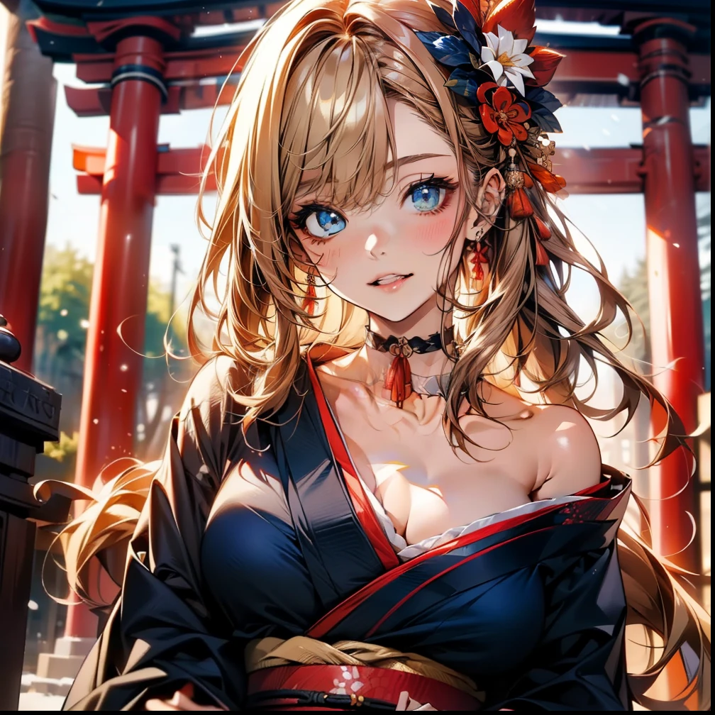 ((Light brown long hair:1.9, wavy hair:1.6, asymmetrical hair:1.8, half up hair)), (shining blue eyes:1.4)beautiful, beautiful woman, perfect anatomy, perfect body, perfect breasts, ((kimono:1.8, choker:1.6)), ((Japan gardens in winter:1.98, torii)), captivating gaze, slight smile, realism, masterpiece, rough skin , Super detailed, high detail, high quality, 最high quality, 1080p, 16k