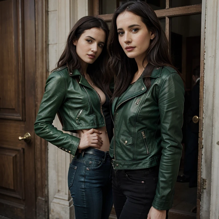Eva Green dressed in green leather jacket and women's jeans