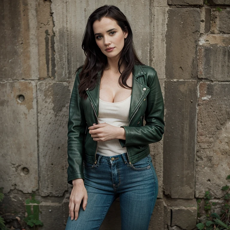 Eva Green dressed in green leather jacket and women's jeans