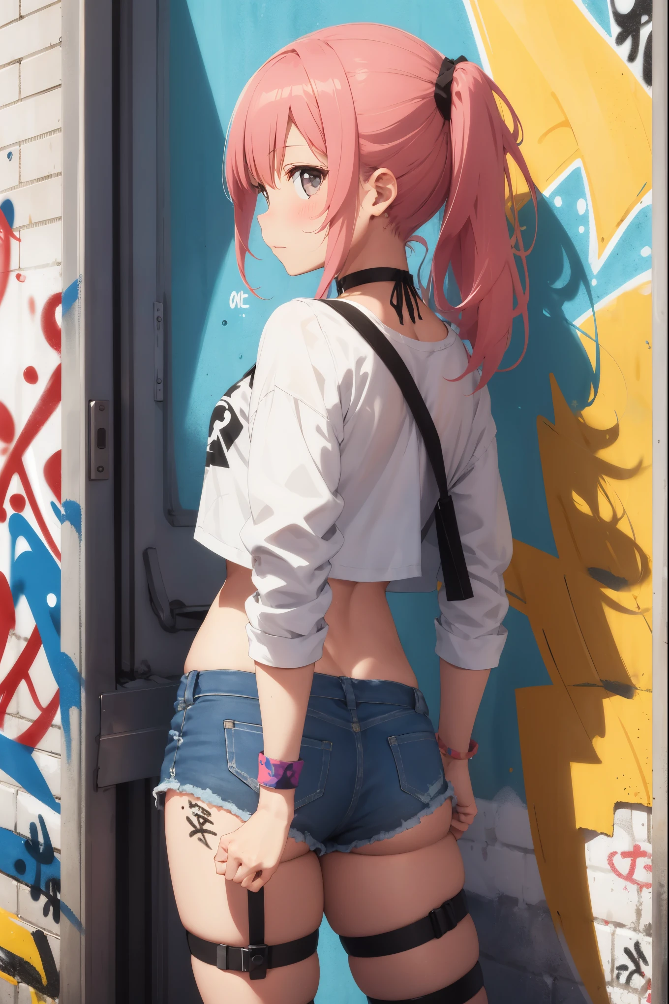 disorganized, highest quality,1 girl, alone, striped hair, crop top, denim shorts, choker, (graffiti:1.25),  Paint splatter, turn your arms behind your back, (leaning forward), lean back, towards the wall, (Tilted to the side:0.125), looking at the viewer, armband, thigh strap, rainbow hair, Paint on the body, upward facing eyes, head down, head tilt, (From the side:1), (No expression:0.75),  rum \(rumダヨ\),  diffraction spike,