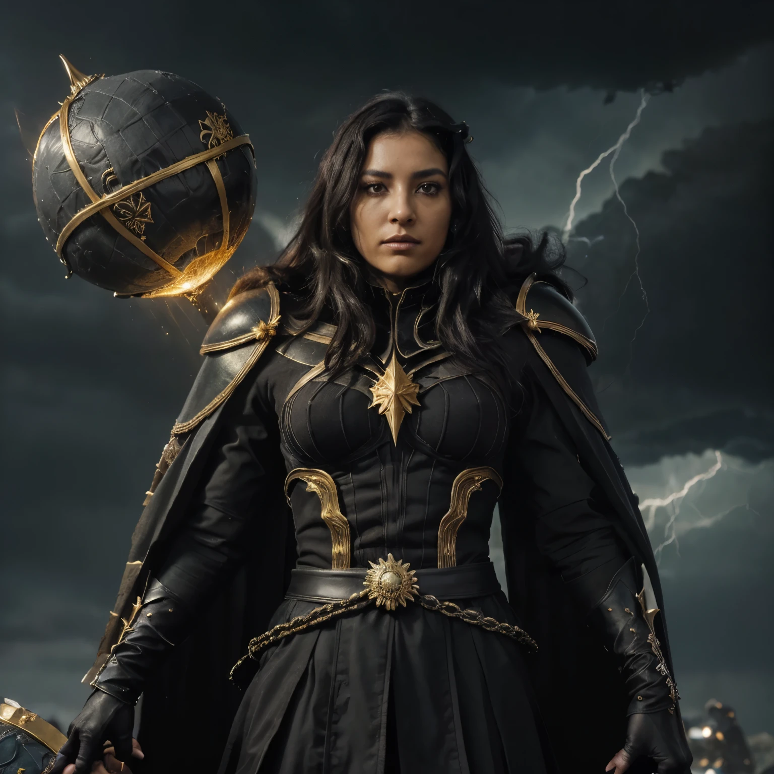 (Mejor calidad, High Definition, obra maestra:1.2,),  fondo oscuro, cuerpo completo (traje de baron con encajes dorados, placas de oro, black gauntlets black staff with golden electric sphere, esperando en la tormenta, mascara negra de obsidiana que cubre toda la cara,