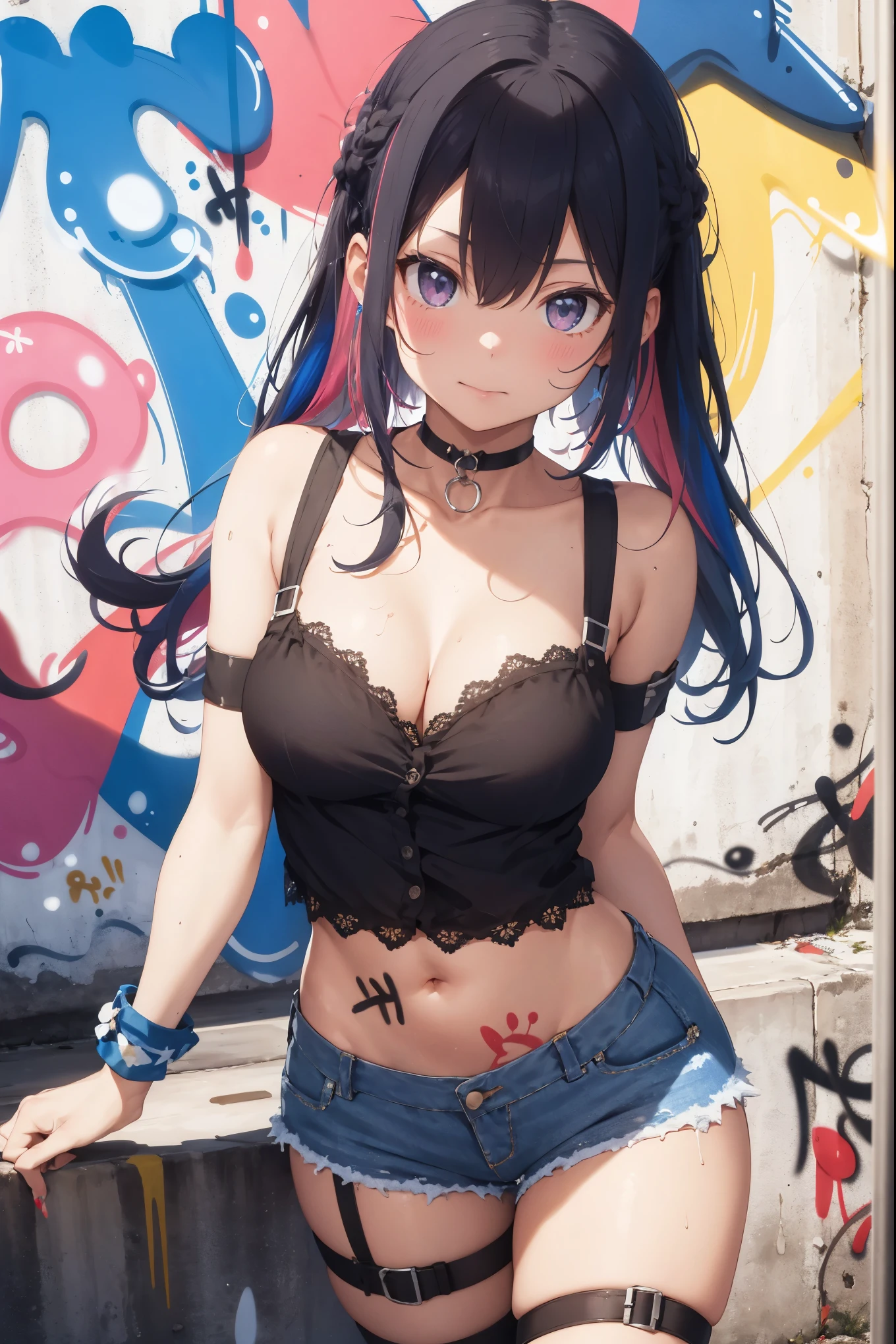 disorganized, highest quality,1 girl, alone, striped hair, crop top, denim shorts, choker, (graffiti:1.25), Paint splatter, turn your arms behind your back, (leaning forward), lean back, towards the wall, (Tilted to the side:0.125), looking at the viewer, armband, thigh strap, rainbow hair, Paint on the body, upward facing eyes, head down, head tilt, (From the side:1), (No expression:0.75), rum \(rumダヨ\), diffraction spike,