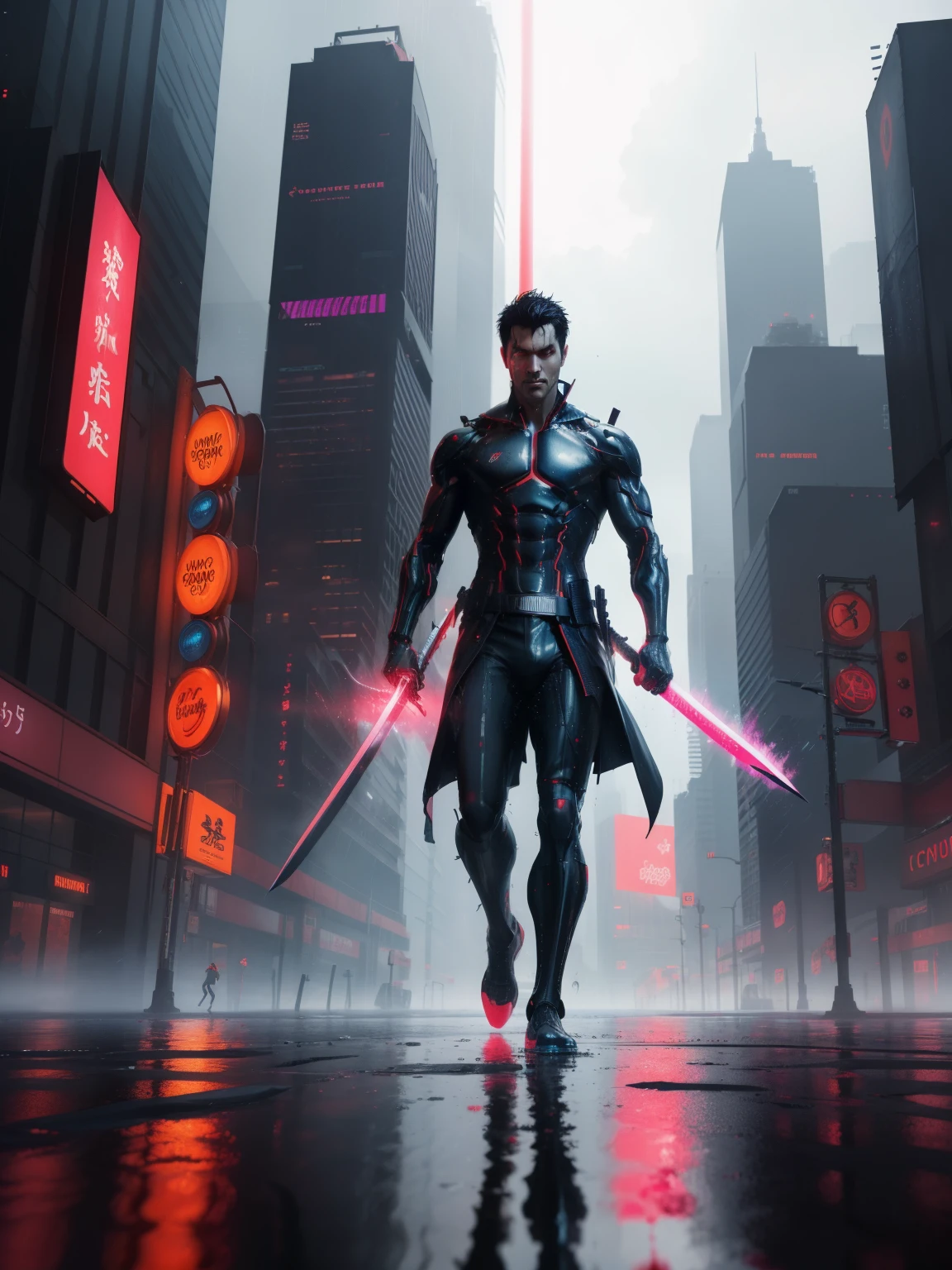 black hair, red eyes, determined expression, futuristic cityscape background, neon lights, rain, running pose, holding a sword, reflection in water, steam rising from the ground. [cyberpunk, sci-fi, anime, dynamic]