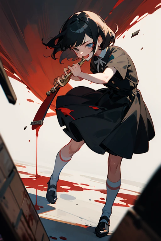 (an girl), (black hair), (in a black dress), (she is playing a song on a flute), (she has a sadistic smile), (while blood stains on her face) Mary Flora Bell (Newcastle, May 26, 1957) is a British girl known for the intentional homicide of two boys, Martin Brown, aged three, and Brian Howe, aged four. Bell was ten years olled Martin Brown and eleven years old when hewe. Background, an empty theater with just her, on stage