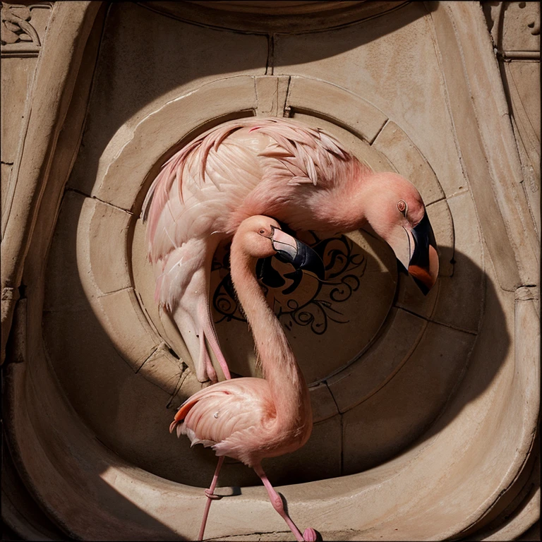 An album cover featuring flamingo renaissance art style with a somber feel