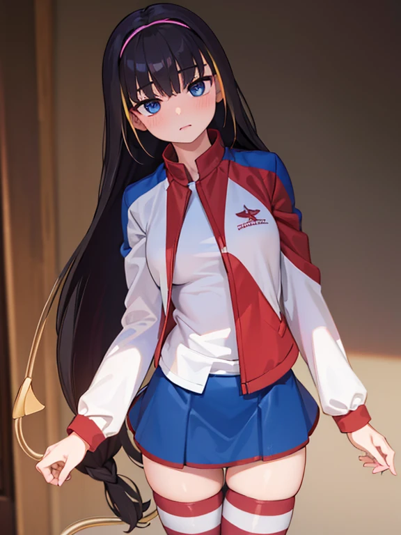 (best quality,4k,8k,highres,masterpiece:1.2),ultra-detailed,(realistic,photorealistic,photo-realistic:1.37),HDR,UHD,studio lighting,ultra-fine painting,sharp focus,physically-based renderinglessar, lessar, black hair, blue eyes, demon tail, hairband, long hair, mechanical tail, multicolored hair, tail, jacket, skirt, striped, striped thighhighs, thighhighs, shirt, white shirt, blue skirt,blue sleeves, red sleeves,,wings,fantasy forest,serene atmosphere,mysterious aura