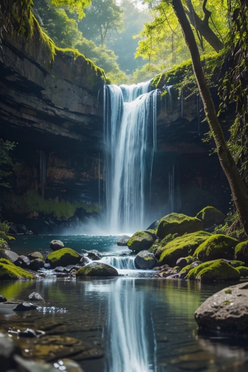 You are an accomplished Landscape Photographer with a keen eye for capturing the beauty of natural landscapes. Your task is to create a stunning photograph of a waterfall as seen through a glass with shiny reflections and drops of water sprinkling around. Your goal is to showcase the beauty and tranquility of the waterfall while incorporating the unique elements of the glass and water droplets into the composition. Position the glass in a way that it creates interesting reflections and enhances the visual impact of the waterfall. Experiment with different angles and perspectives to capture the essence of the waterfall through the glass. Utilize natural light to enhance the textures and details of the waterfall and the glass.  Consider using artificial lighting to add depth and drama to the scene.