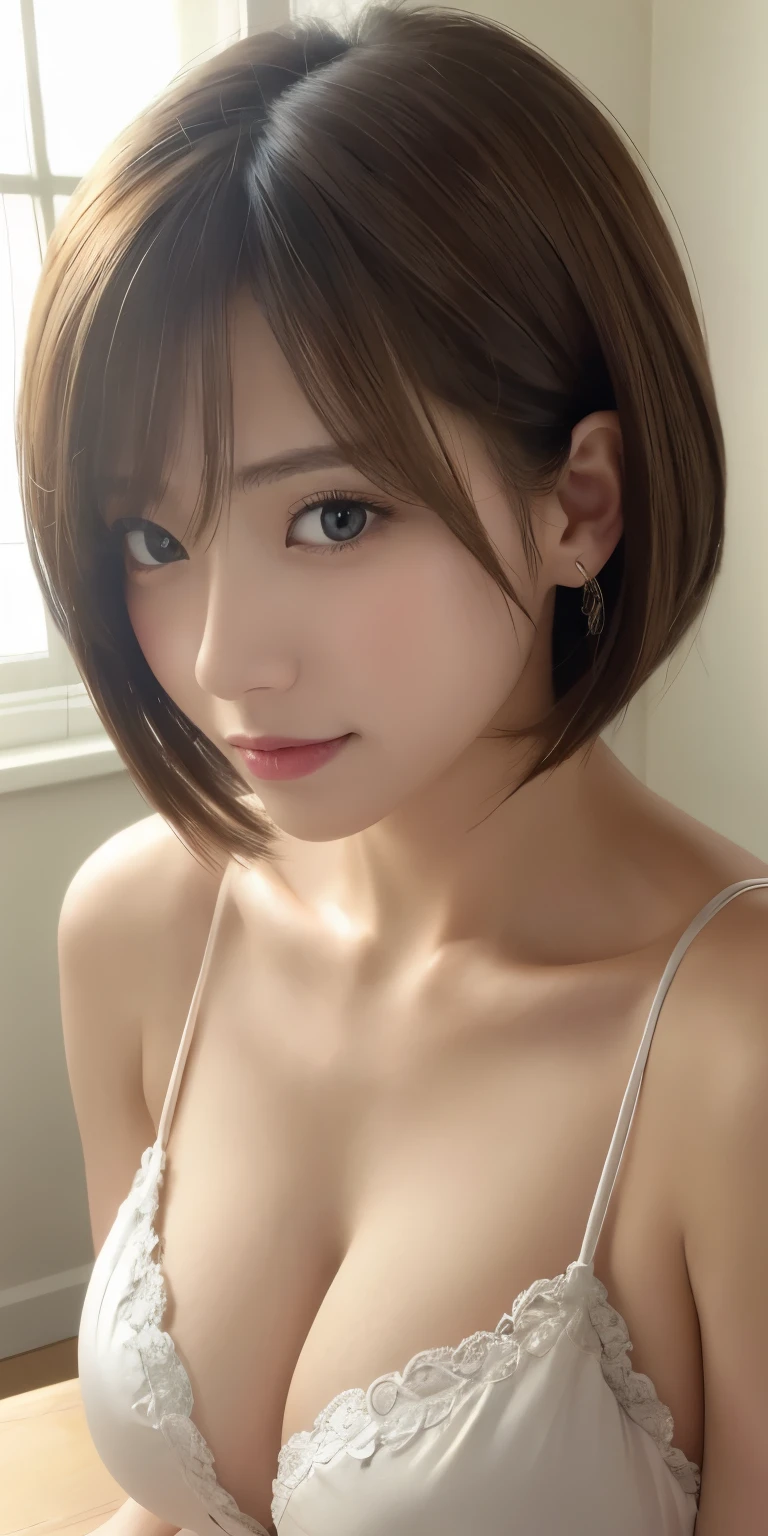masterpiece、highest quality、High resolution、table top、wallpaper、realistic、bright lighting、professional lighting、face light、smooth lighting、japanese woman、adult、Beautiful woman、action、gravure、sexy、poor、super beautiful、beautiful skin、beautiful and detailed eyes、detailed face、slim、moderately、short hair、brunette colored hair、brown eyes、look at the camera、big breasts、cleavage
