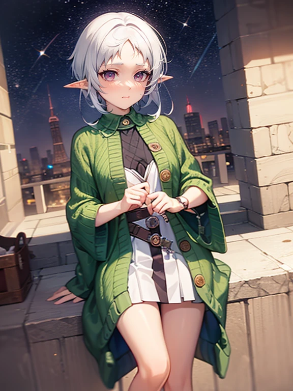 masterpiece, best quality, 1girl, smile,  Short white hair, red detailed sparkling eyes, elf ears