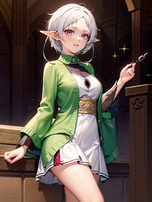 masterpiece, best quality, 1girl, smile,  Short white hair, red detailed sparkling eyes, elf ears