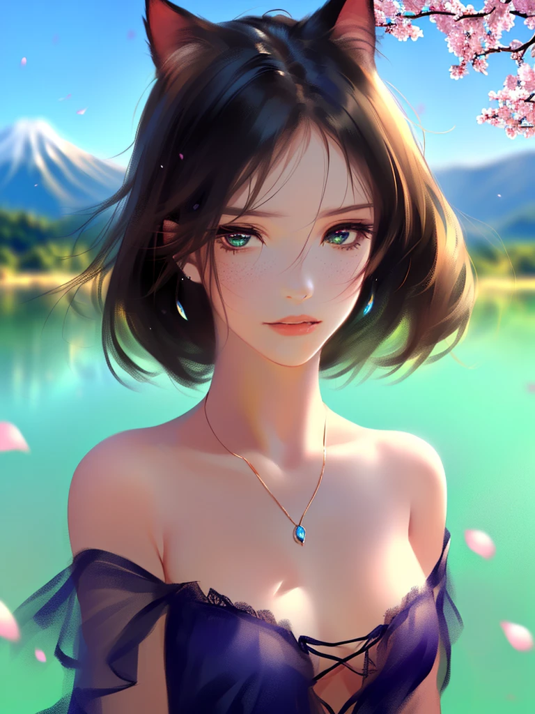 anime style, super fine illustration, highly detailed, dynamic angle, beautiful detailed, 8k, A girl is impressed by the cherry blossoms in Fuji-Hakone Izu National Park and the blue sky by the lakeside with Mt. Cherry blossom petals are dancing in the wind, the surface of the lake is calm, and the girl's expression is sincerely moved by the beauty of nature. very good illustration, High detail, dynamic angle, beautiful detailing,2D, (Best quality, masterpiece, Beauty, tenderness), anime, Highly detailed face, very detailed eyes, very detailed background, perfect lighting, whole body, 1 girl, One, (Very detailed cat ears), (Very detailed ears behind the hair), Finely detailed eyes, ears covered with hair,