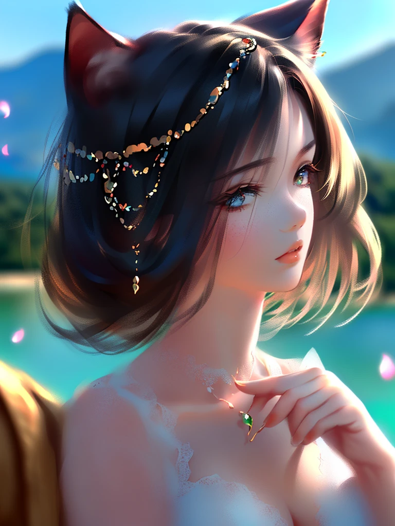anime style, super fine illustration, highly detailed, dynamic angle, beautiful detailed, 8k, A girl is impressed by the cherry blossoms in Fuji-Hakone Izu National Park and the blue sky by the lakeside with Mt. Cherry blossom petals are dancing in the wind, the surface of the lake is calm, and the girl's expression is sincerely moved by the beauty of nature. very good illustration, High detail, dynamic angle, beautiful detailing,2D, (Best quality, masterpiece, Beauty, tenderness), anime, Highly detailed face, very detailed eyes, very detailed background, perfect lighting, whole body, 1 girl, One, (Very detailed cat ears), (Very detailed ears behind the hair), Finely detailed eyes, ears covered with hair,
