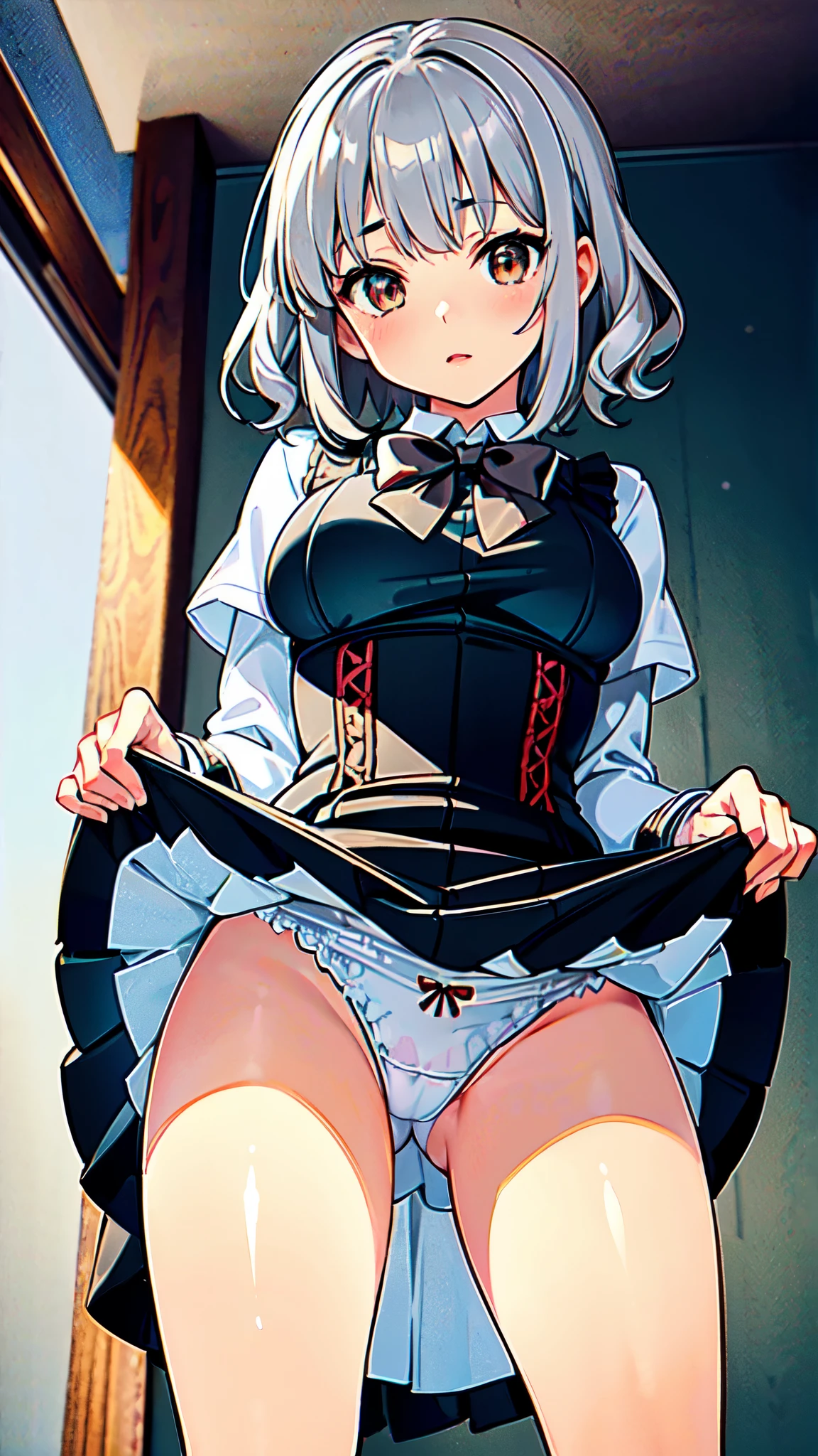 NSFW, Raw photo, highest quality, High resolution, realistic, Young Japanese Girl, , (multiple girls), full body, blank, model, big breasts, short hair, wavy hair, curly hair, gray hair, silver hair, light brown hair, Are standing, ((thin thighs)), diagonal bangs, cute face, shiny skin, beautiful body, beautiful skin, concentrated , naked from below, (school uniform, Lead Bowtie, Black pinaphore dress, Corsets with attention to detail, gothic, ruffle dress, Beautiful embroidery, (long skirt:1.2):1.4), (Use your hands to lift your skirt:1.3) show, underwear, simple underwear,