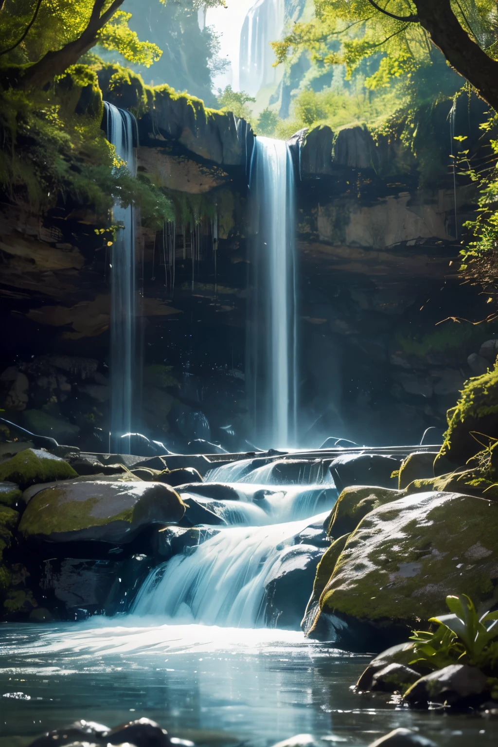 You are an accomplished Landscape Photographer with a keen eye for capturing the beauty of natural landscapes. Your task is to create a stunning photograph of a waterfall as seen through a glass with shiny reflections and drops of water sprinkling around. Your goal is to showcase the beauty and tranquility of the waterfall while incorporating the unique elements of the glass and water droplets into the composition. Position the glass in a way that it creates interesting reflections and enhances the visual impact of the waterfall. Experiment with different angles and perspectives to capture the essence of the waterfall through the glass. Utilize natural light to enhance the textures and details of the waterfall and the glass. Consider using artificial lighting to add depth and drama to the scene.
