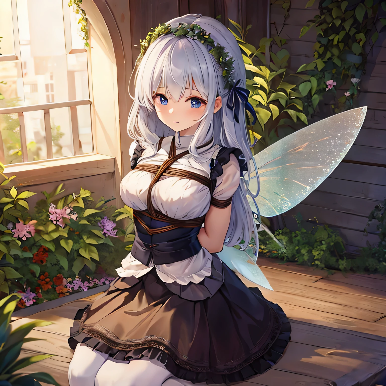  Make a picture where a beautiful fairy is bound, bound, she wearing a sheer skirt,gr3ysh33r