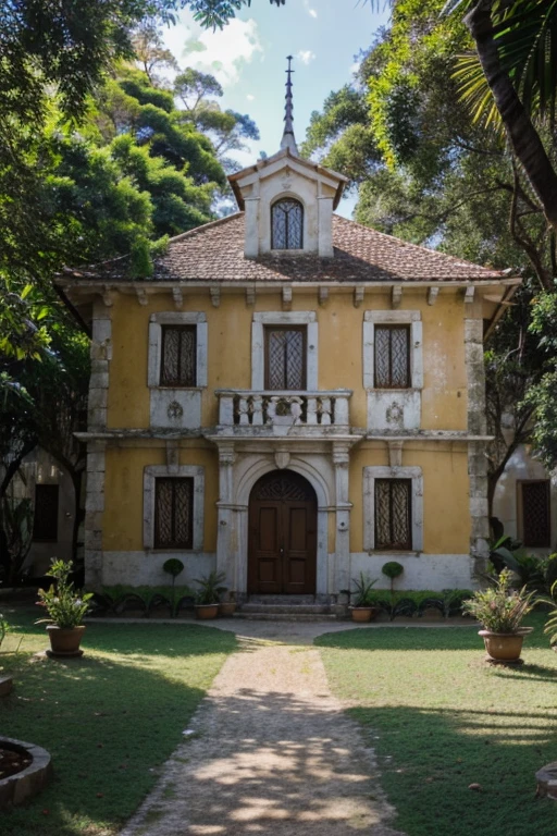 um castelo, uma escola, with a large patio,  gramados e plantas em fentando