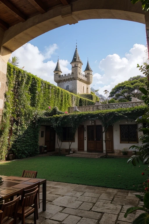 um castelo, uma escola, with a large patio,  gramados e plantas em fentando