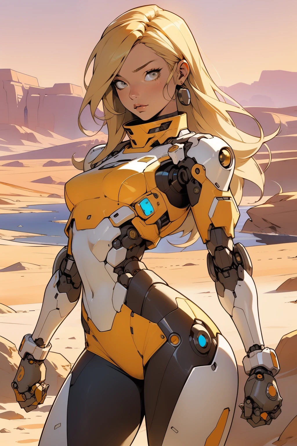 high quality, 4k, masterpiece, beautiful, cyborg girl, cowboy shot, dull eyes, front, looking at viewer, long blonde hair, girl, small breasts, fit thighs, robotic arms, robotic body, cyborg body, white & yellow uniform, orange accent, intricate detail, joint, detailed lines, robotic detail, holding fist up, holding hand up as fist, color robotic parts, robotic parts with color, perfect fingers, on a desert planet, sunny background, colorful desert, a river or a lake in the background, slender thighs, skinny thighs,