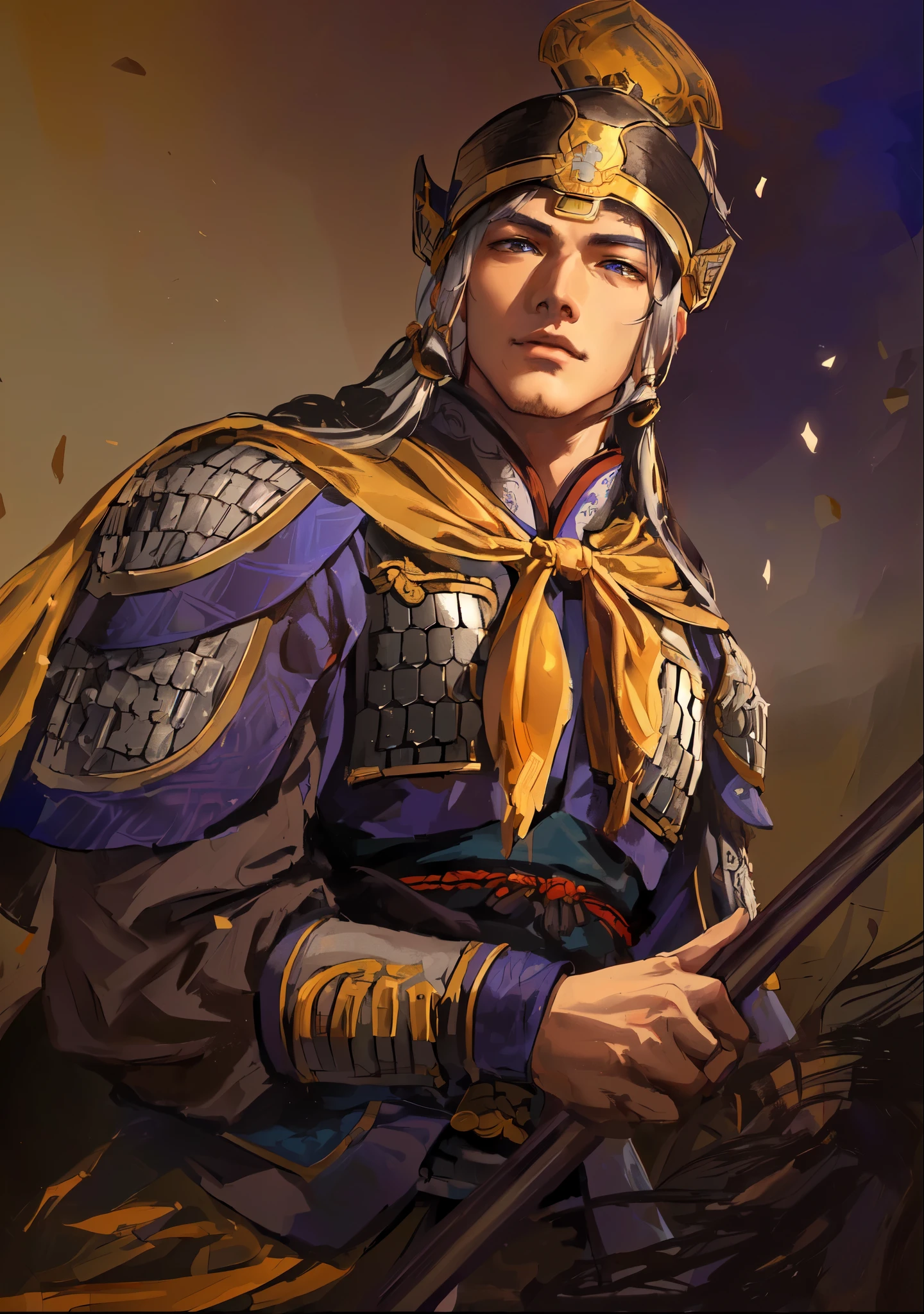 masterpiece, best quality, (Extremely detailed CG unified 8k wallpaper), (best quality), (Best Illustration), (best shadow), Ridiculous, Realistic lighting, (abyss), works of art,,Chinese style,Chinese military commanders,Jiang Wei,Zhao Yun,Ma Chao,,Hayama Ryo,Three Kingdoms,Dynasty Warriors,juvenile将军,handsome guy,white hair,,没有胡子的handsome guy,juvenile,Chinese armor