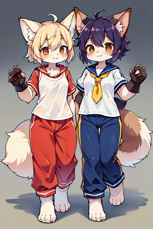 2 females, fox and raccoon, Furry, beastman, animal hair, tail, sailor suit, short sleeve, Jersey pants, long pants, gloves, barefoot