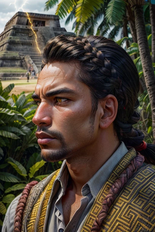 (masterpiece, highest quality, Super detailed, best shadow), (detailed background, cowboy shot, null, lightning, mayan civilization, Mayan Pyramids, forest, dense forest, looking at the viewer, Severe, anger), (detailed face, Masculine traits, strong jaw line), (The best illumination), ((cinematic light)), colorful, hyper detail, dramatic light, intricate details, (A man named Frogmon, mayan language, dark skinned man, gray hair, yellow eyes, gray hair, Braid, mayan clothes, god )