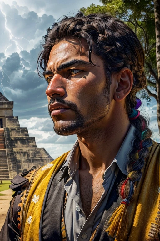 (masterpiece, highest quality, Super detailed, best shadow), (detailed background, cowboy shot, null, lightning, mayan civilization, Mayan Pyramids, forest, dense forest, looking at the viewer, Severe, anger), (detailed face, Masculine traits, strong jaw line), (The best illumination), ((cinematic light)), colorful, hyper detail, dramatic light, intricate details, (A man named Frogmon, mayan language, dark skinned man, gray hair, yellow eyes, gray hair, Braid, mayan clothes, god )