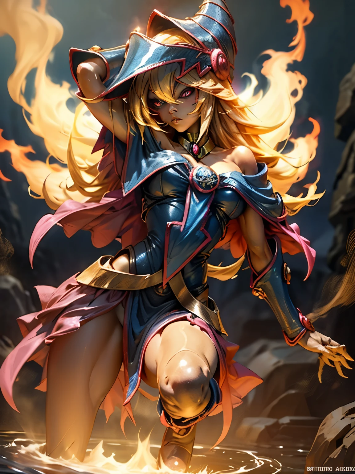 Dark magician gils en llamas. Cabello de llamas. Ojos azules. Labios rojos. Pose sensual. Fondo de infierno. She&#39;s on fire and she&#39;s coming for you. Pose sensual. Desnuda 