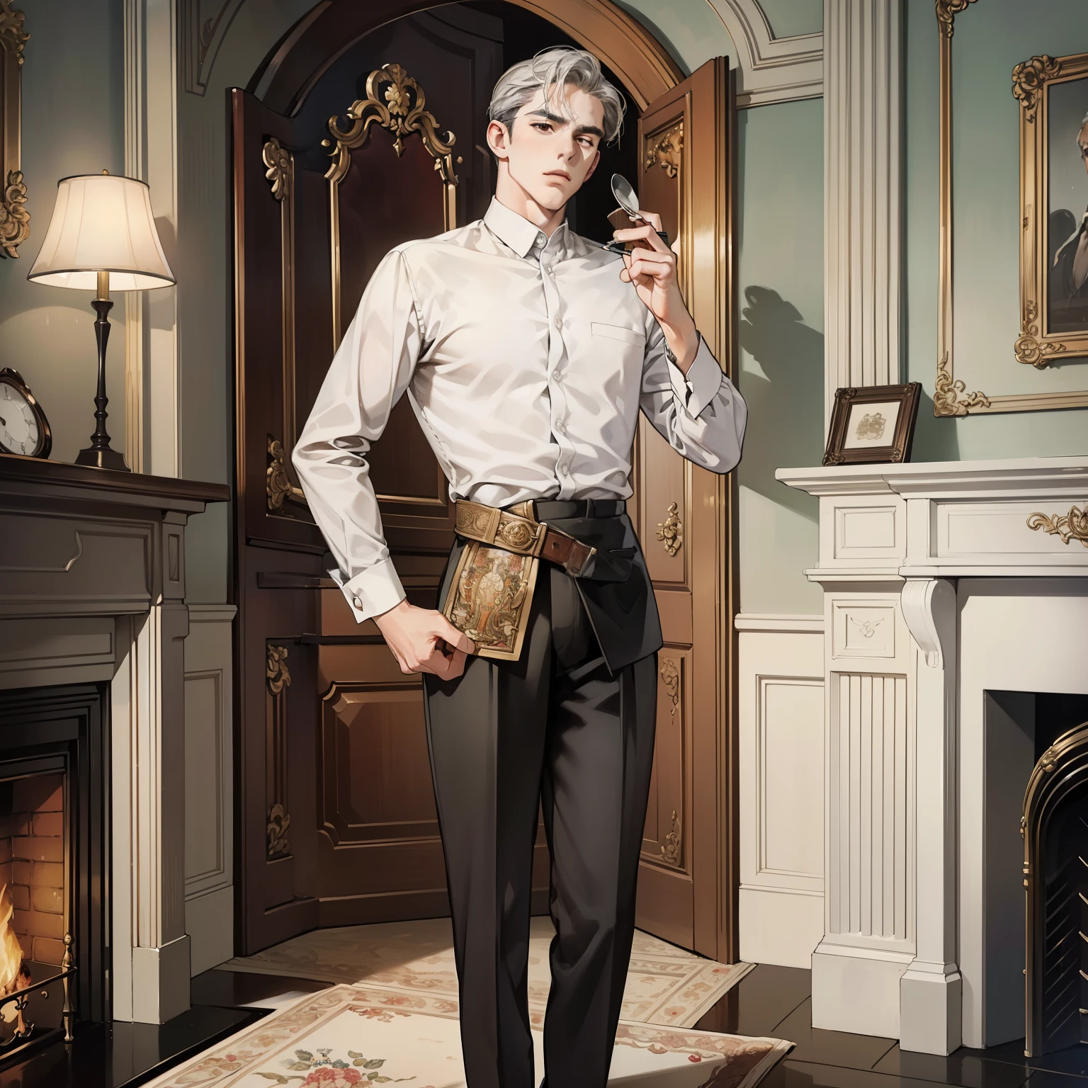 (1English man, 1950s era, polite demeanor, well-dressed, refined manners, suave, flawless England accent, impeccably groomed, sharp suit, crisp shirt, polished shoes, respectful gestures, English gentleman, classic elegance, BREAK, elegant background, ancestral home, library, tea room, fireplace lit, polished mahogany furniture, crackling flames, art on the walls, fine china, silver cutlery, carefully placed table setting)
An English man from the 1950s, with refined manners and impeccable fashion, stood politely before a graceful