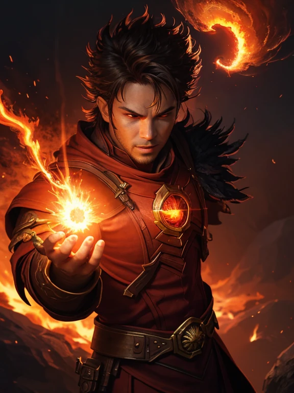 Mid-plan cinematic illustration.  A burst of Fire resembling a little fire ball, emanating from the hands of a fantasy heroic-fantasy male, epic flame background