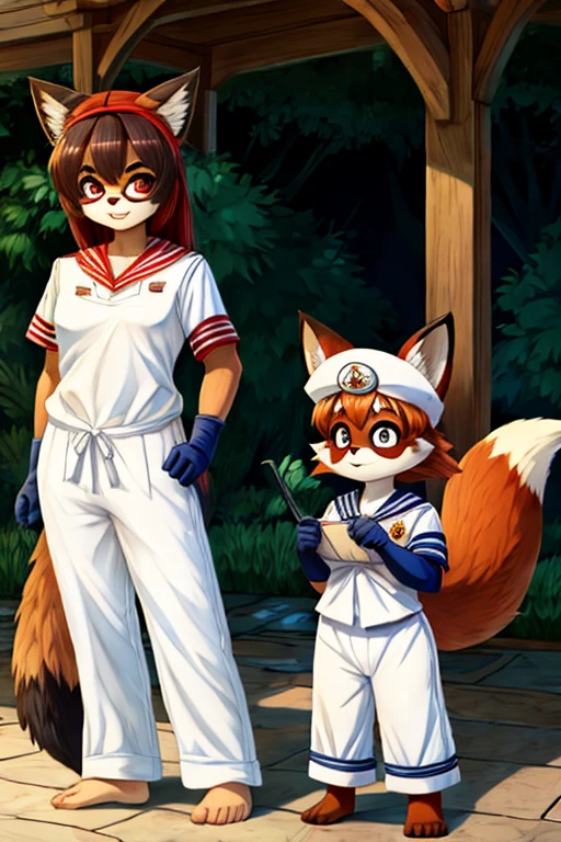 2 females, fox and raccoon, Furry, beastman, animal hair, tail, sailor suit, short sleeve, Jersey pants, long pants, gloves, barefoot