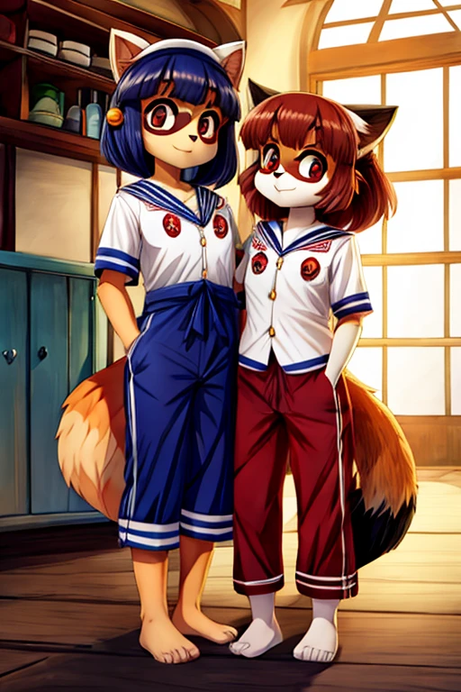 2 females, fox and raccoon, Furry, beastman, animal hair, tail, sailor suit, short sleeve, Jersey pants, long pants, gloves, barefoot