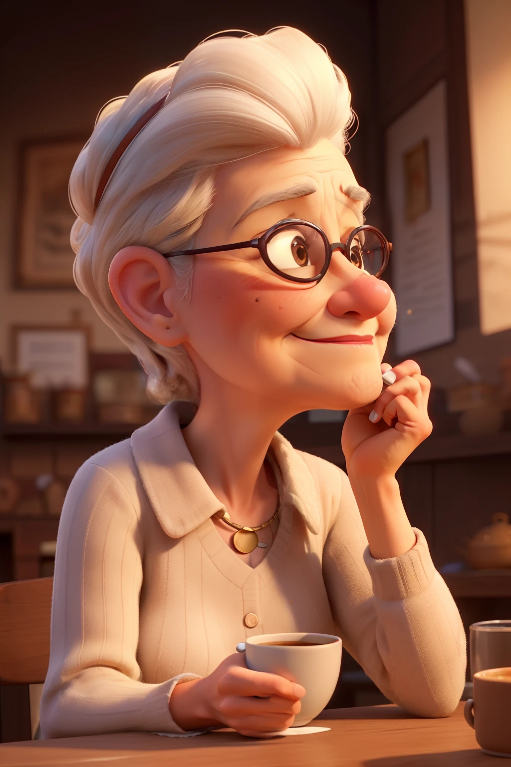 ((best quality)), ((masterpiece)), (detailed), perfect face
old cute women drinking coffee, side profile