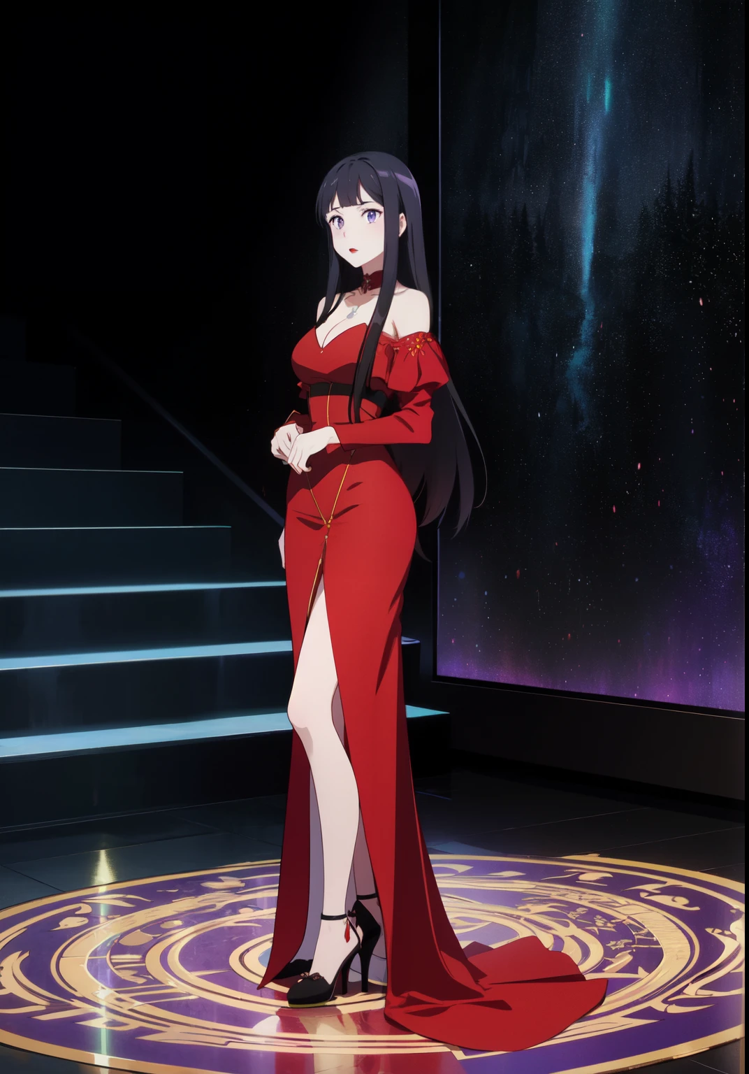 ((anime)) ,(((young woman))), (lilac eyes), (Fatal beauty), (masterpiece:1.2), Best quality, A high resolution, unity 8k wallpaper, (illustration:1.2), (very detailed face), (perfect hands), (Ideal Anatomy), black hair, long hair, long bangs, Bright makeup, (Red lips), (black dress), fitting dress, floor-length dress, long sleeves, narrow sleeves, high heel shoes, bare shoulders, enters a luxury nightclub, confident look, Proud posture, the crowd&#39;s eyes turn to her