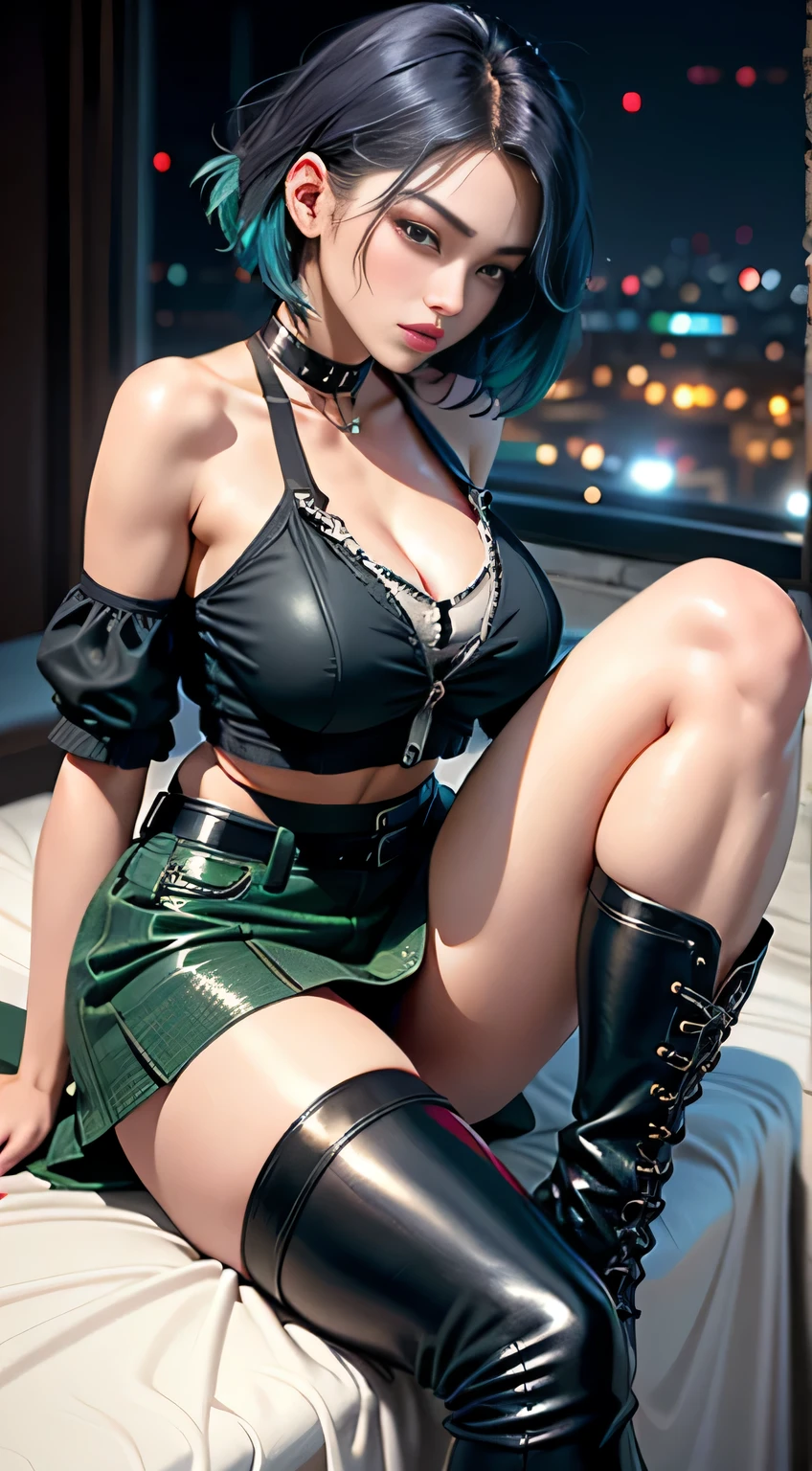 sfw, ((lying on bed top view)), cute girl, Short dark green hair, beautiful, collar, Dark green hair,beautiful girl, full body, short bright blue dishevelled hair, black eyeshadow, (street style wear:1.2), ((tight fitted short skirt)), ((knee high leather boots)), (city night background:1.2), dark makeup, digital art, trending on artstation, highly detailed, fine detail, intricate, beautiful detailed glow, detailed, Cinematic light, high-res, detailed facial features, sharp focus, smooth, aesthetic, wearing bra,((skinny waist)), young asian girl, ((big breasted)),