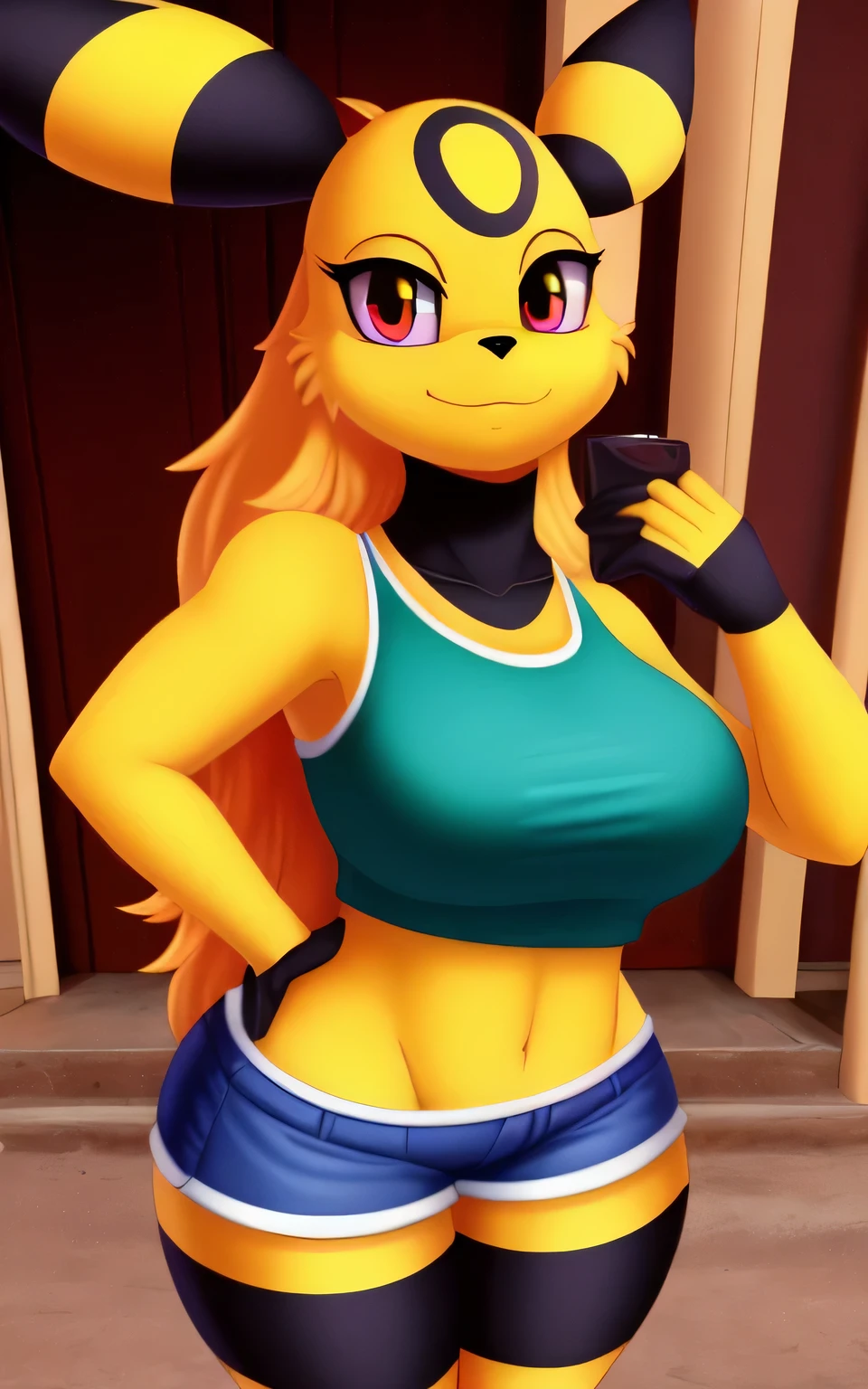 Furry-Eeveution, Carregado no E621,Umbreon [sharp focus], [questionable content], 1 garota,standing,suado,molhado,olhando para o espectador,Olhar zangado,corar,seios grandes,saia curta,shorts de bicicleta,corte superior,decote,coxas grossas,bunda grande,,Academy History