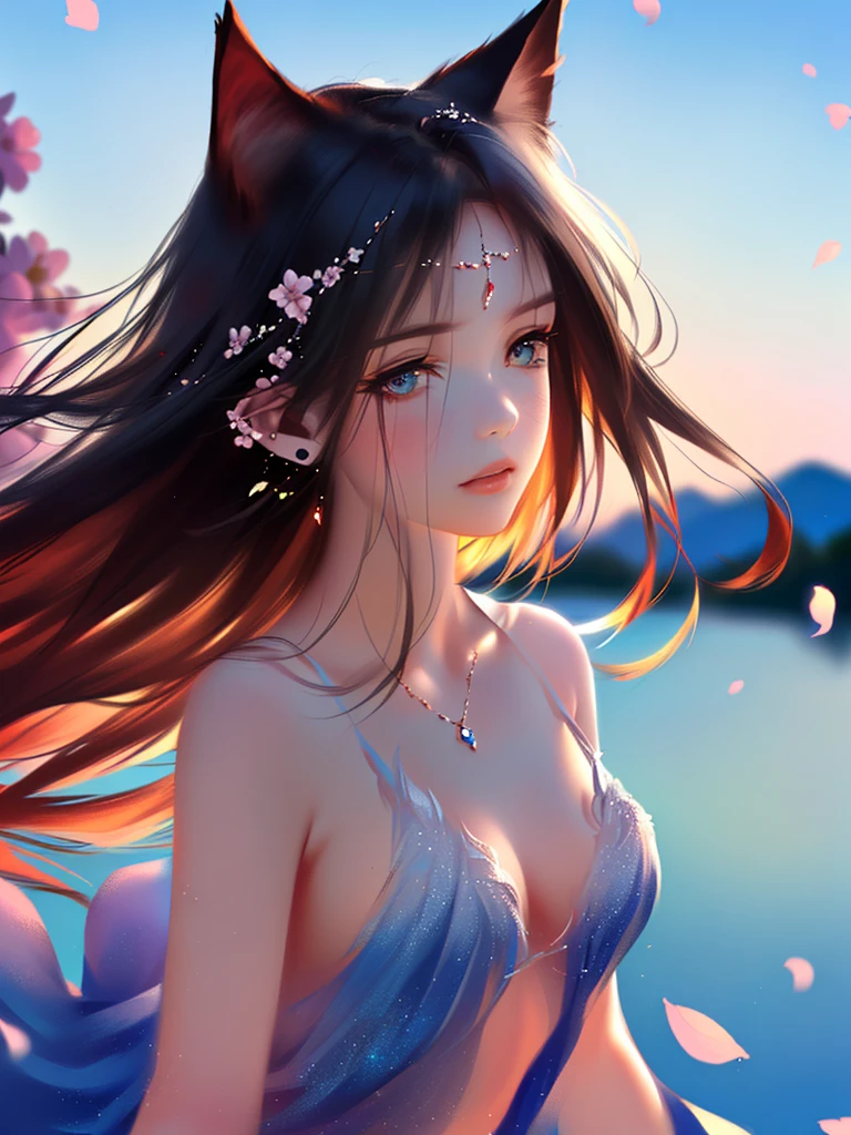 anime style, super fine illustration, highly detailed, dynamic angle, beautiful detailed, 8k, A girl is impressed by the cherry blossoms in Fuji-Hakone Izu National Park and the blue sky by the lakeside with Mt. Cherry blossom petals are dancing in the wind, the surface of the lake is calm, and the girl's expression is sincerely moved by the beauty of nature. very good illustration, High detail, dynamic angle, beautiful detailing,2D, (Best quality, masterpiece, Beauty, tenderness), anime, Highly detailed face, very detailed eyes, very detailed background, perfect lighting, whole body, 1 girl, One, (Very detailed cat ears), (Very detailed ears behind the hair), Finely detailed eyes, ears covered with hair,