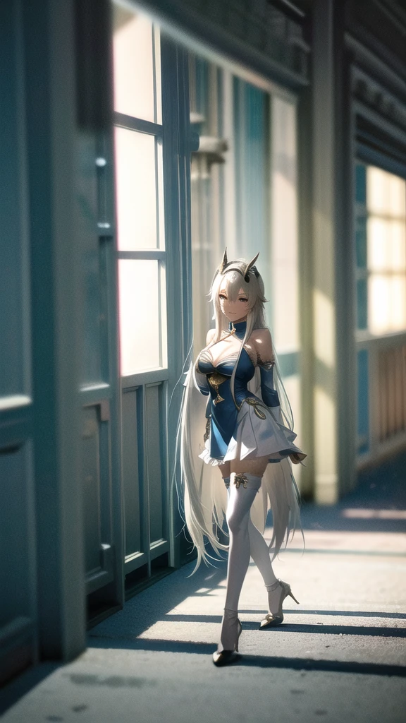 anime girl with long white hair and a blue dress, digital cyberpunk anime art, digital cyberpunk - anime art, rococo cyberpunk, detailed digital anime art, beautiful digital artwork, anime fantasy illustration, digital anime art, white haired deity, digital art on pixiv, digital anime illustration, advanced digital anime art, anime styled digital art, guweiz on pixiv artstation