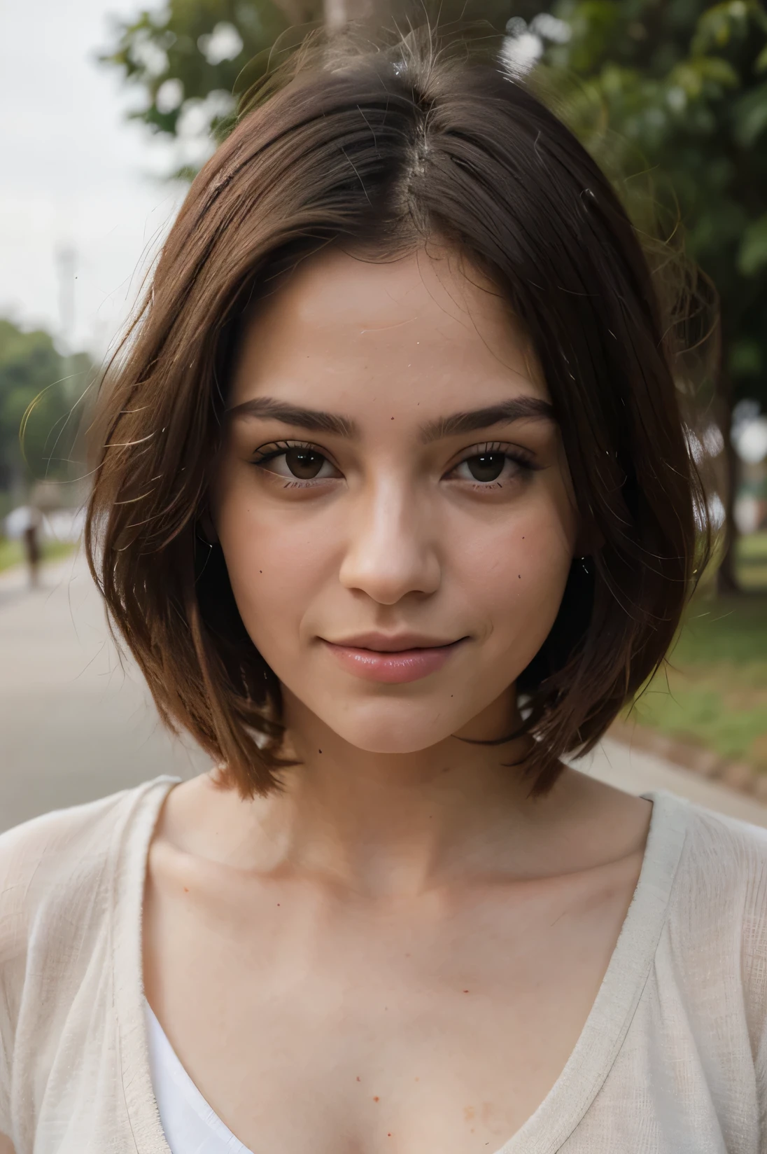 ((Average quality)), ((foto Instagram)), (pouco detalhado), rosto perfeito, mulher europeia de 15 anos, com cabelo loiro. Em um parque natural vestida com um moletom marrom e com um sorriso reluzente . Deixe a mais parecida com as fotos feitas anteriormente. Mude o corte de cabelo 
