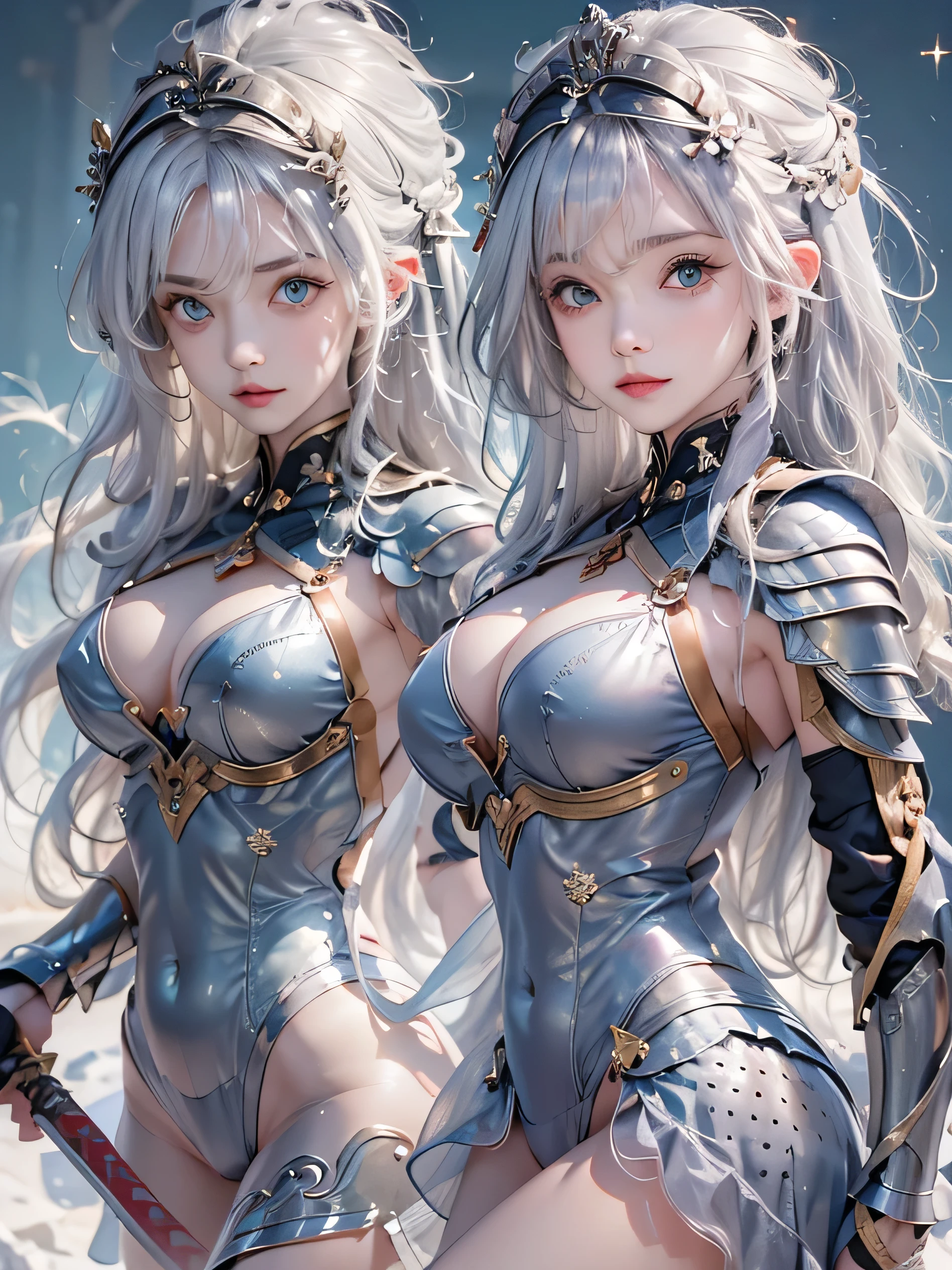 (photorealistic:1.8, highest quality:1.8,8K masterpiece:1.8,High resolution,muste piece:1.8,RAW Photos,cinematic lighting、8mm fisheye lens),No split screen,medieval fantasy、Old castle、Remains、(Fight enemies with a sword in hand)、(Pretty girl warrior:1.5)、(Completely naked、combat hair ornament、Sheer cloak、Armored Leotard、bondage、choker、Knee-high boots、beautiful butt、beautiful thighs、Plump nipples、nipples are visible、cameltoe、slender abs:1.2)、beautiful and detailed eyes:1.7、beautiful skin:1.8、(Soryu Asuka Langley)(character focus)、Top view、
rich expression、Gets angry violently、laugh at、surprised、
(midium Hair:1.2, Beautiful, shining blue, white, black and silver hair:1.5)、Sparkling Blue Eyes、Fine Lines