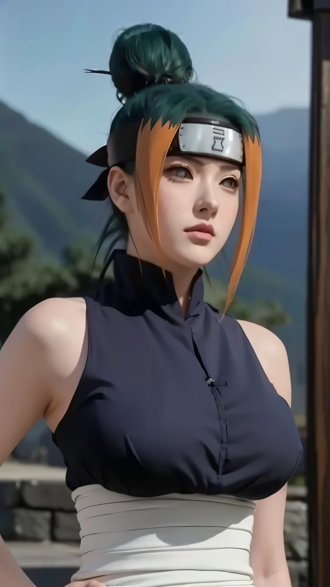 created a masterpiece, with a design similar to a realistic version of the character in the anime Naruto Shipuuden (Pakura). light details, character details, all conditions are perfect, beautiful face, faint smile expression. pose facing the camera. half body photo. medium large breasts. sexy curvaceous body, beautiful face, high resolution, perfect, quality detail,detail Lora
