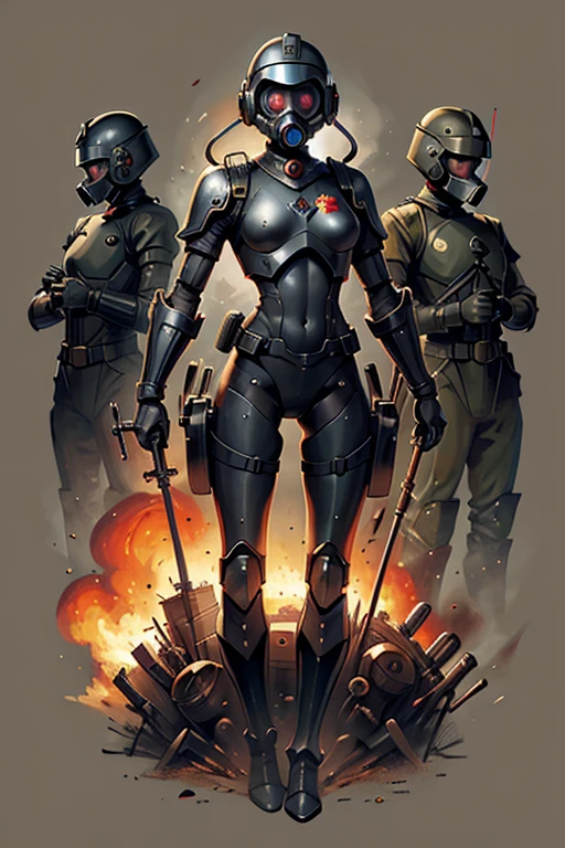 machine, automaton, military, robot, officer uniform, gas mask, soldier, communist, solo, simple background, humanoid, Russian, soviet, two eyes, circular eyes, tubing, dark, sword, officer's sword, feminine, flat-chested, black armor, tubing, helmet tubing, chest tubing, no breasts, flat chest, officer, soviet officer, soviet officer hat, 