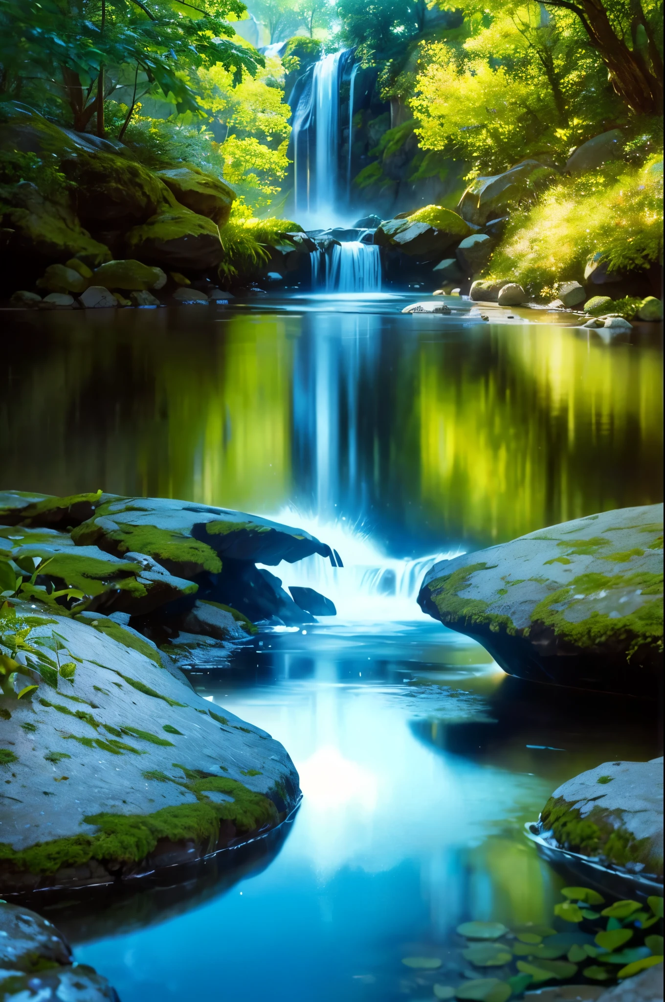 You are an accomplished Landscape Photographer with a keen eye for capturing the beauty of natural landscapes. Your task is to create a stunning photograph of a waterfall as seen through a glass with shiny reflections and drops of water sprinkling around. Your goal is to showcase the beauty and tranquility of the waterfall while incorporating the unique elements of the glass and water droplets into the composition. Position the glass in a way that it creates interesting reflections and enhances the visual impact of the waterfall. Experiment with different angles and perspectives to capture the essence of the waterfall through the glass. Utilize natural light to enhance the textures and details of the waterfall and the glass. Consider using artificial lighting to add depth and drama to the scene.