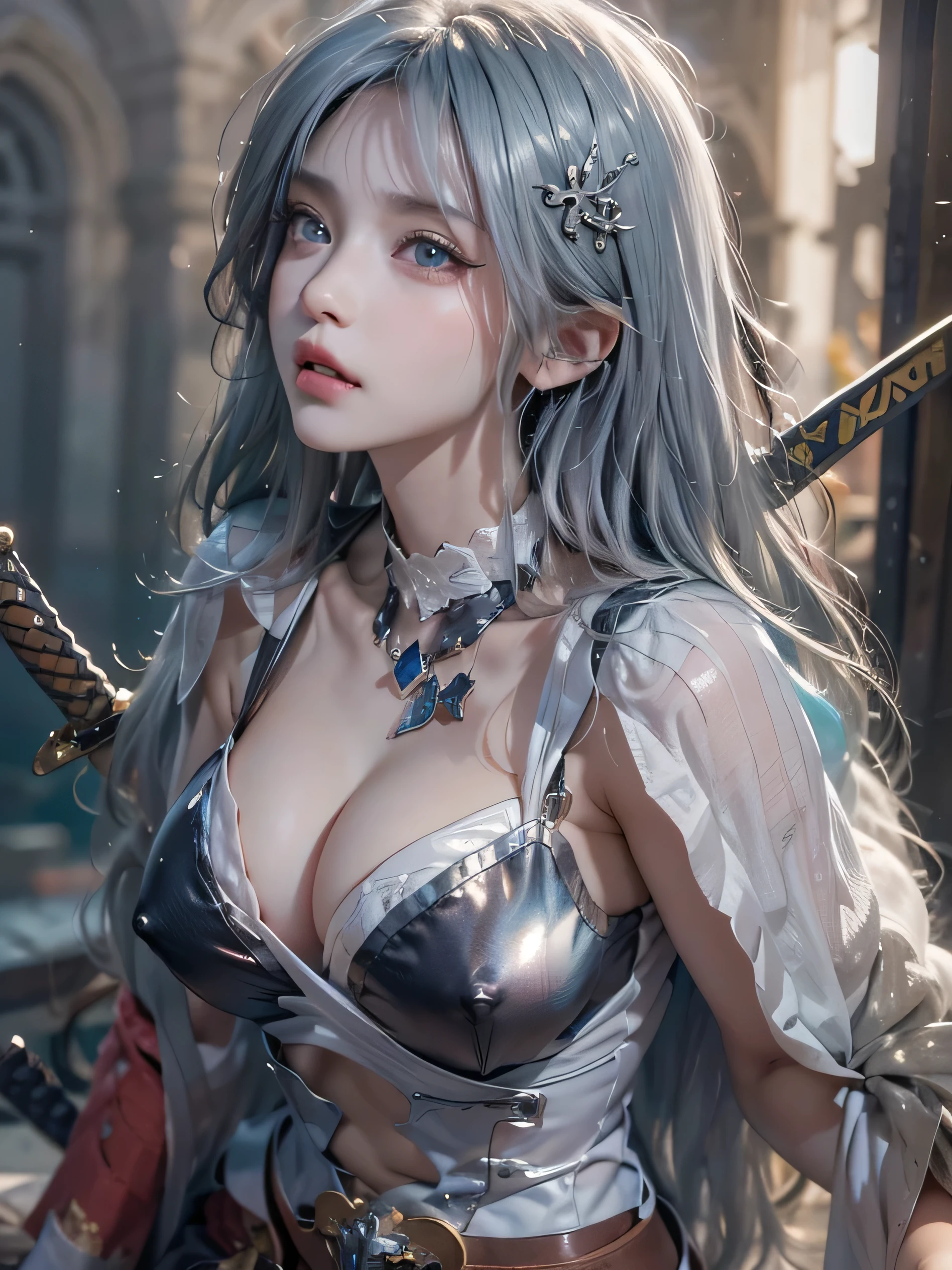 (photorealistic:1.8, highest quality:1.8,8K masterpiece:1.8,High resolution,muste piece:1.8,RAW Photos,cinematic lighting、8mm fisheye lens),No split screen,medieval fantasy、Old castle、Remains、(A beautiful girl warrior with a sword in her hand fighting the enemy:1.5)、(Completely naked、combat hair ornament、armored suit、loincloth、choker、Knee-high boots、beautiful butt、beautiful thighs、Plump nipples、Nipples are hidden by a noose、cameltoe、slender abs:1.2)、beautiful and detailed eyes:1.7、beautiful skin:1.8、(Soryu Asuka Langley)(character focus)、Top view、
rich expression、Gets angry violently、laugh at、surprised、
(midium Hair:1.2, Beautiful, shining blue, white, black and silver hair:1.5)、Sparkling Blue Eyes、Fine Lines