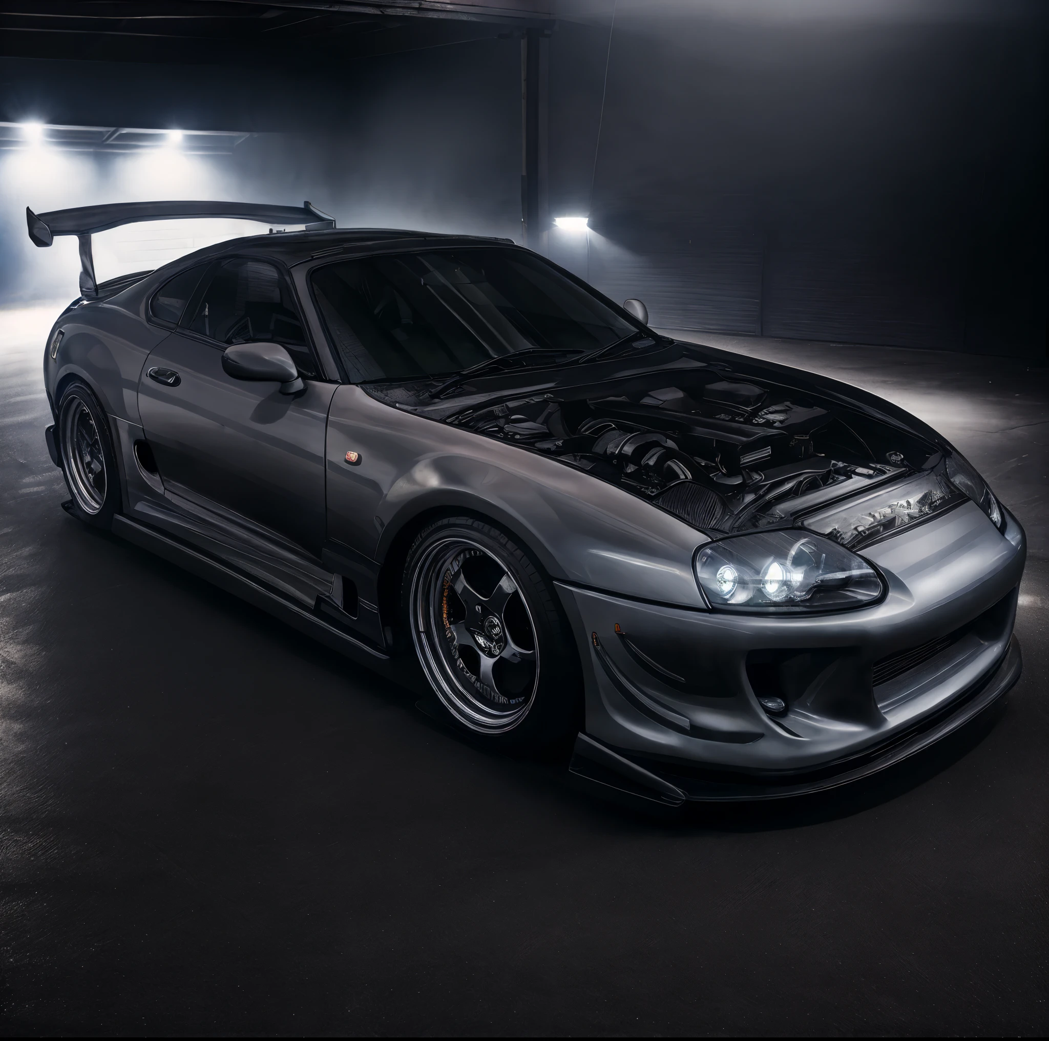 Side view of black mk4Supra inside a foggy garage, high quality photograph, lens flare, bokeh, 8k resolution, Gobo Lights, Warm ambient light, volumetric light, neon lights, Depth of Field, analog, The atmosphere is foggy, lens flares, Bloom, portra movie 800,